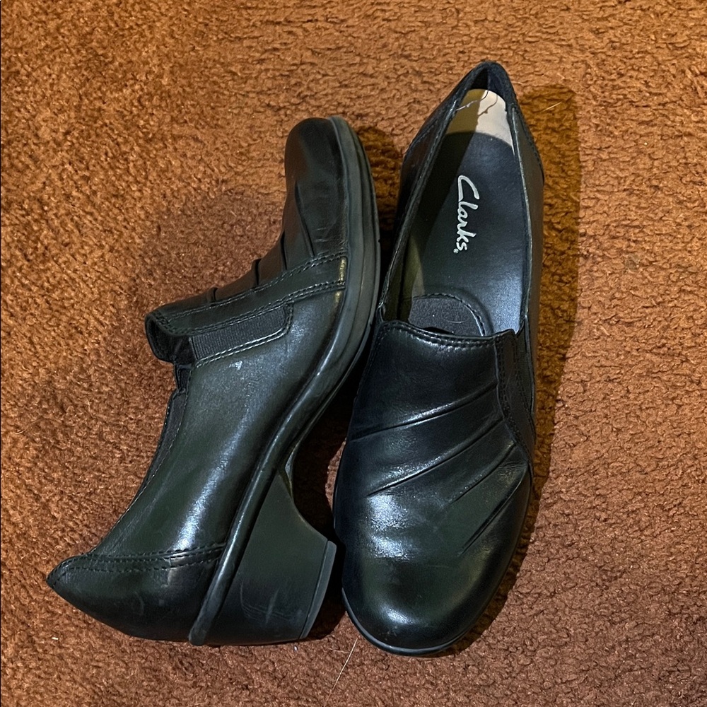 Clarks Black Leather Slip On Shoes with Low Heel